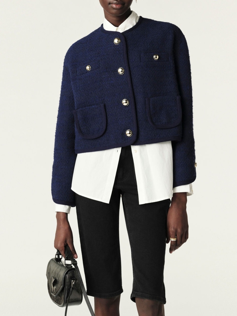 ba&sh NWT Brittany Jacket Navy Cropped Bouclé Blazer with Gold Buttons
